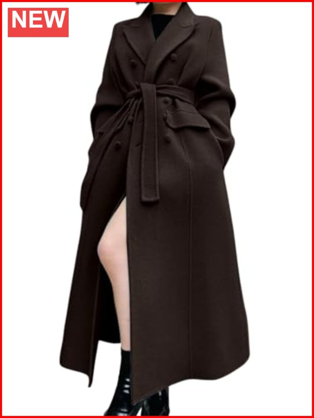 Wool Blend Long Pea Coat Double Breasted Belted Winter Overcoat
